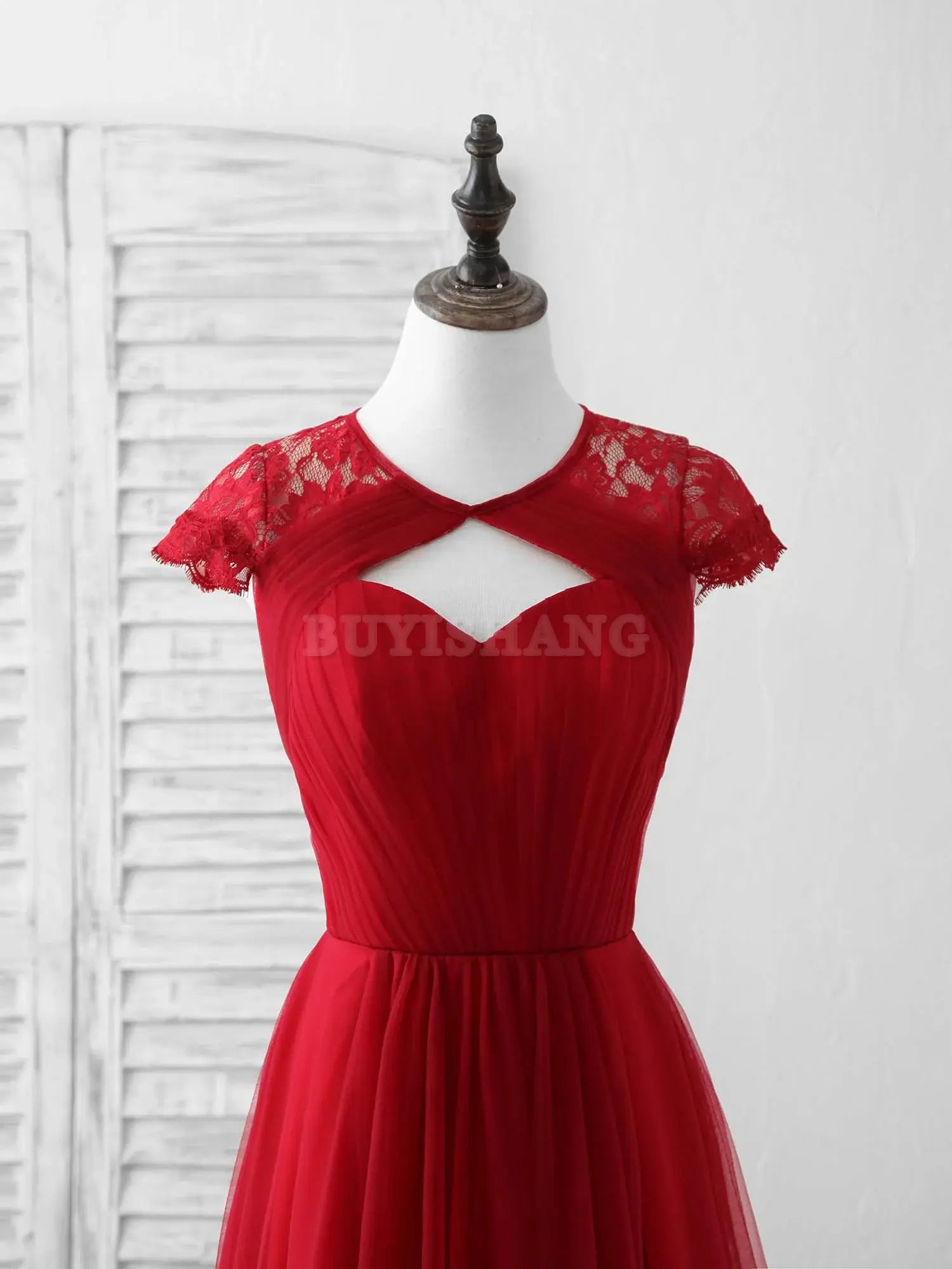 Buyishang Burgundy Tulle Lace Long Prom Dress Burgundy Evening Dress Bridesmaid dress shop