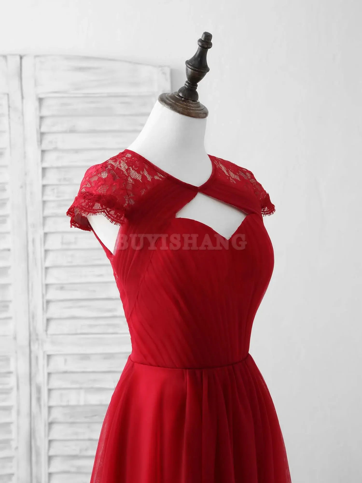 Buyishang Burgundy Tulle Lace Long Prom Dress Burgundy Evening Dress Bridesmaid dress shop