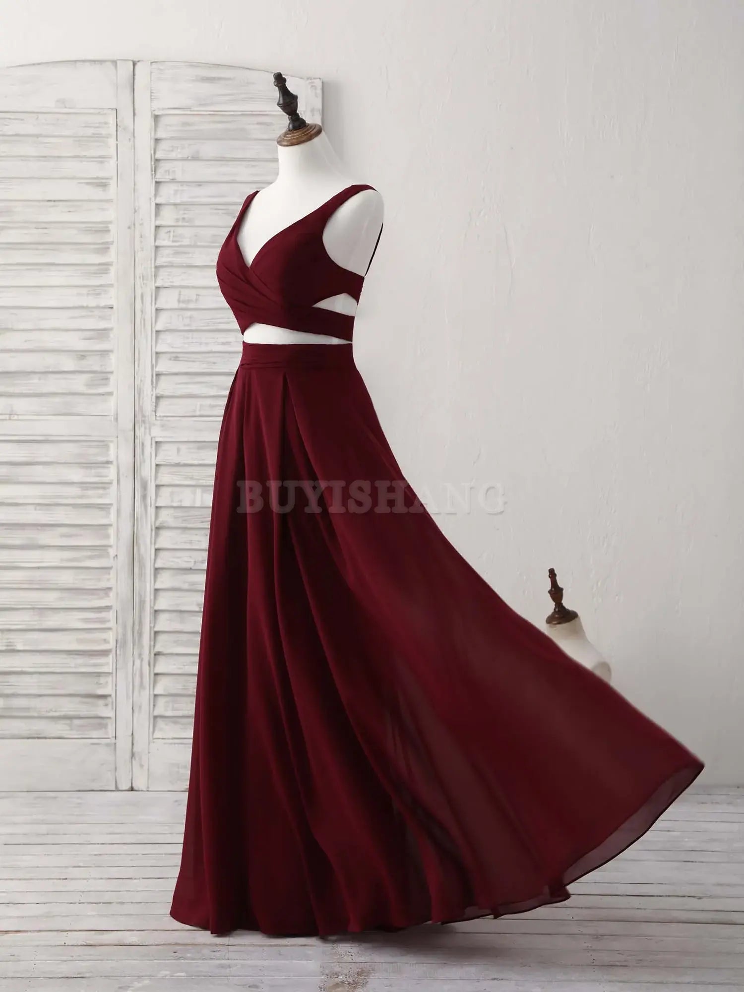 Buyishang Burgundy Two Pieces Chiffon Long Prom Dress Evening Dress Bridesmaid dress shop