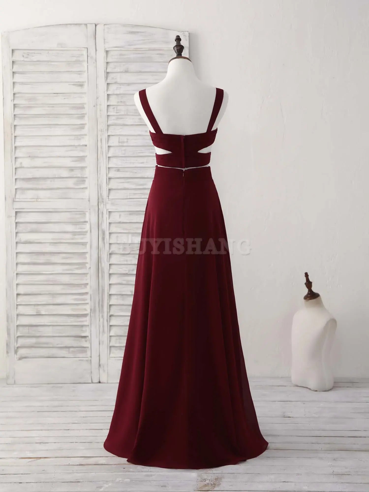 Buyishang Burgundy Two Pieces Chiffon Long Prom Dress Evening Dress Bridesmaid dress shop