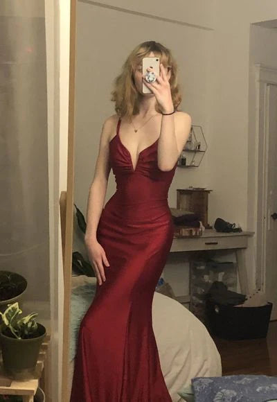 Buyishang Burgundy mermaid long prom dress spaghetti straps simple prom dress