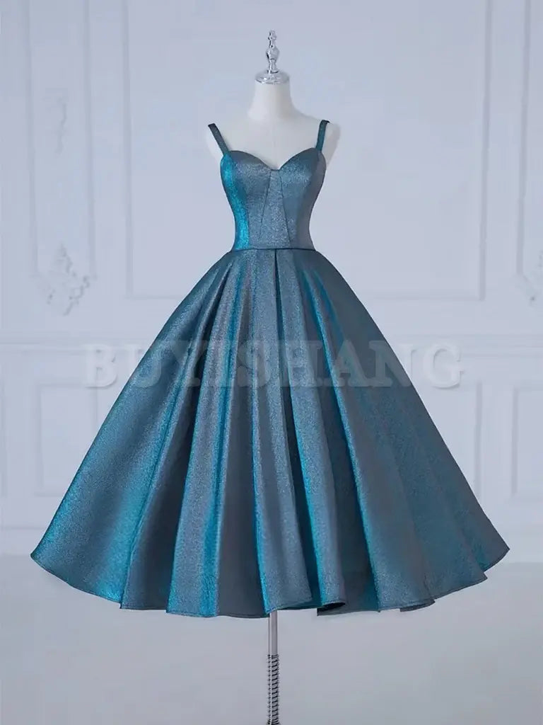 Buyishang A-Line Sweetheart Neck Satin Tea Length Blue Prom Dress Blue Formal Dress Bridesmaid dress shop