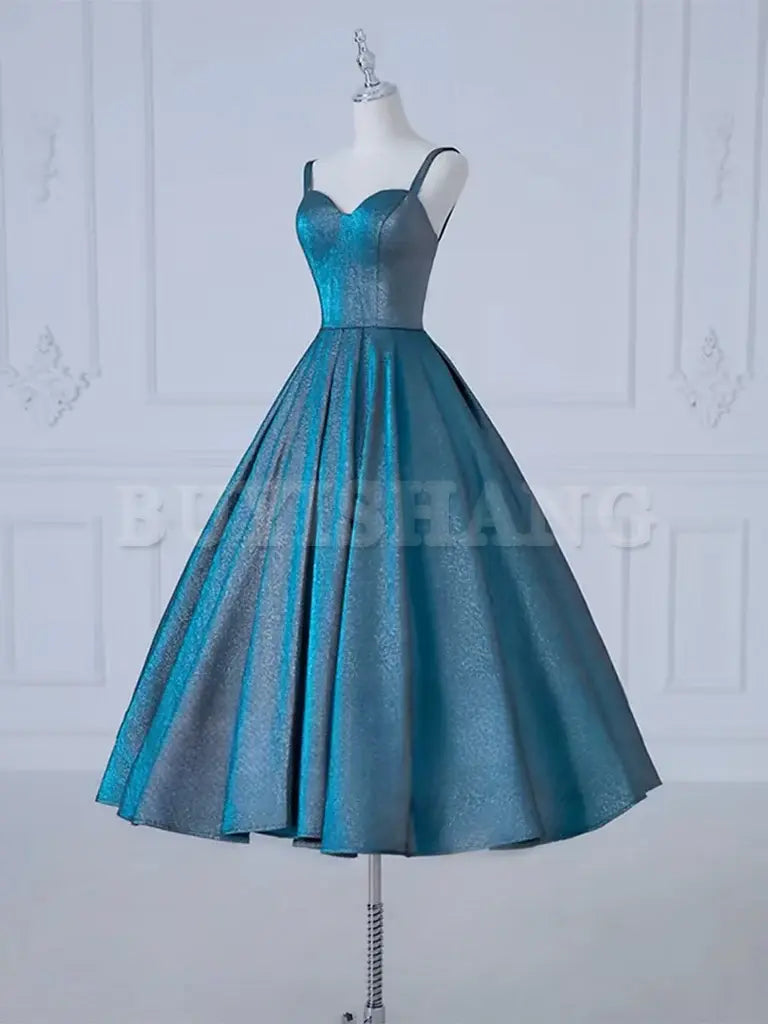 Buyishang A-Line Sweetheart Neck Satin Tea Length Blue Prom Dress Blue Formal Dress Bridesmaid dress shop