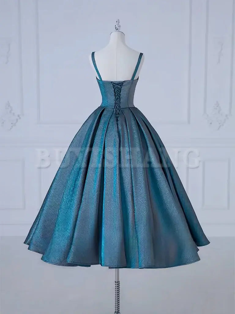 Buyishang A-Line Sweetheart Neck Satin Tea Length Blue Prom Dress Blue Formal Dress Bridesmaid dress shop