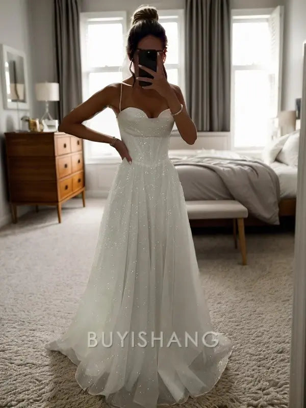 Buyishang Elegant A-Line/Princess Ruched Spaghetti Straps Sleeveless Sweep/Brush Train Dresses