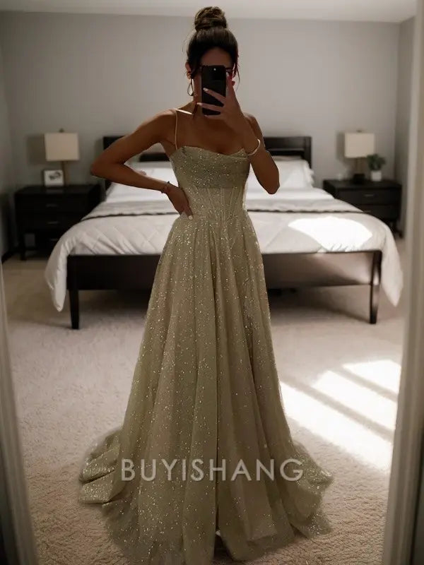 Buyishang Elegant A-Line/Princess Ruched Spaghetti Straps Sleeveless Sweep/Brush Train Dresses