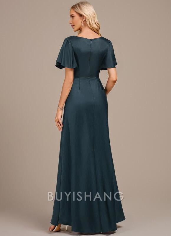 Buyishang Elegant A-line Asymmetrical Floor-Length Matte Satin Mother of the Bride Dress With Beading Sequins Pleated
