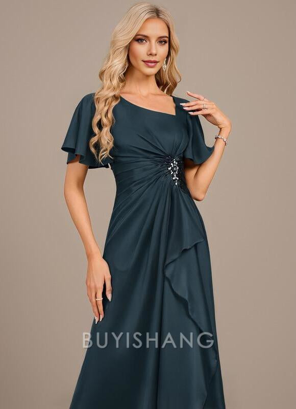 Buyishang Elegant A-line Asymmetrical Floor-Length Matte Satin Mother of the Bride Dress With Beading Sequins Pleated