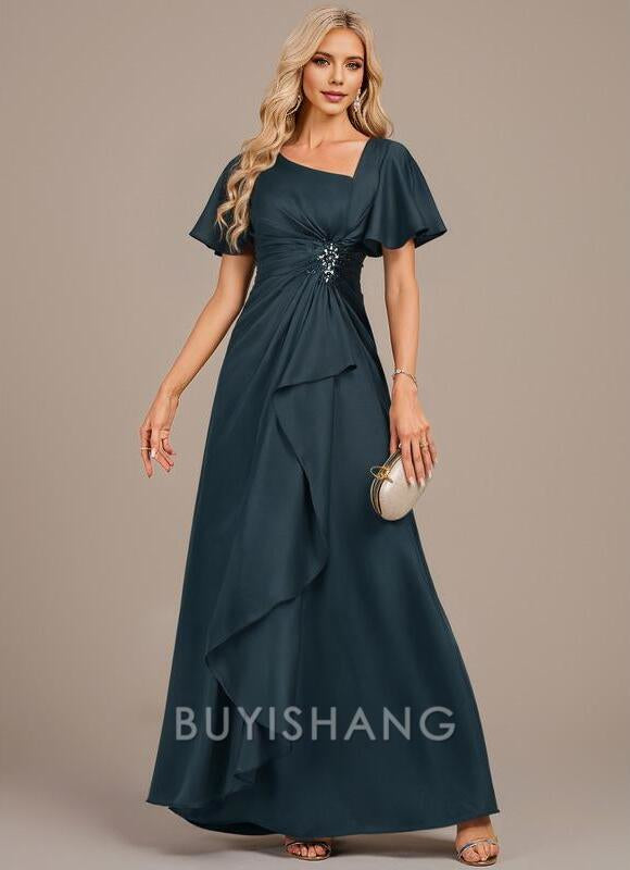 Buyishang Elegant A-line Asymmetrical Floor-Length Matte Satin Mother of the Bride Dress With Beading Sequins Pleated