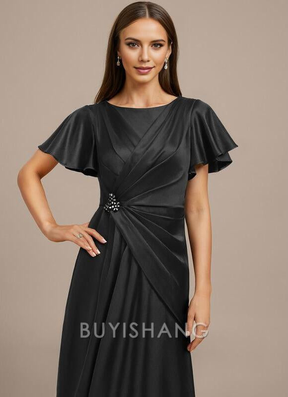 Buyishang Elegant A-line Scoop Ankle-Length Matte Satin Mother of the Bride Dress With Beading Pleated