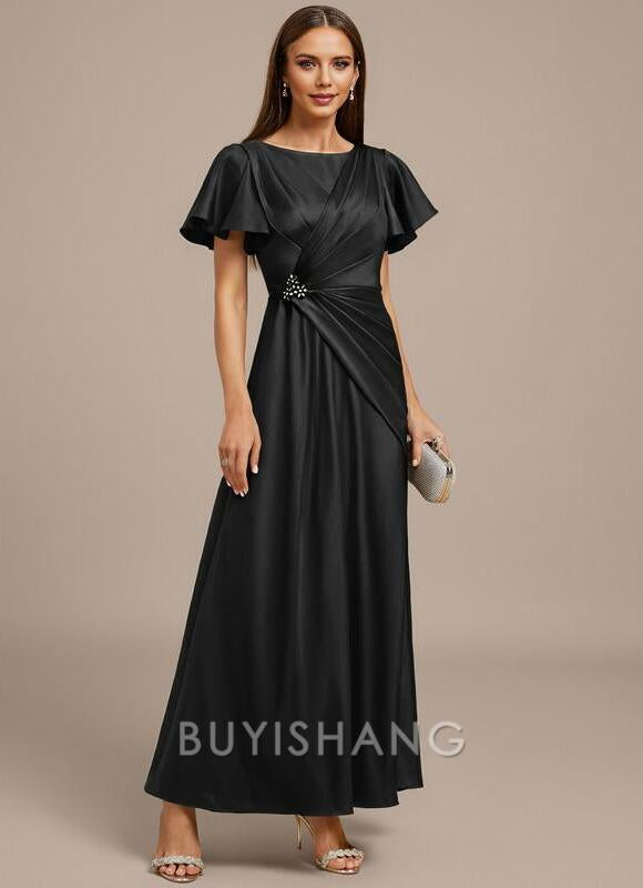 Buyishang Elegant A-line Scoop Ankle-Length Matte Satin Mother of the Bride Dress With Beading Pleated