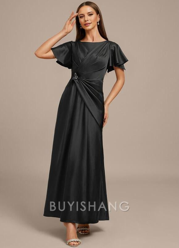 Buyishang Elegant A-line Scoop Ankle-Length Matte Satin Mother of the Bride Dress With Beading Pleated