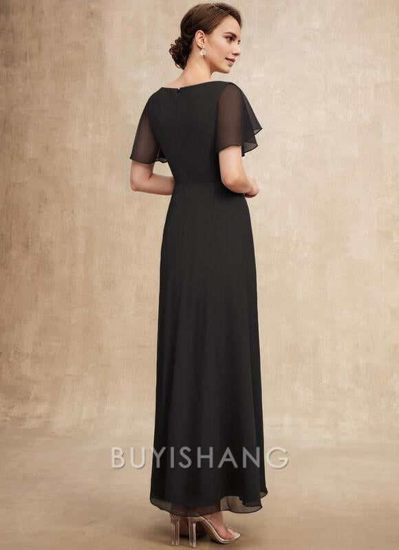 Buyishang Elegant A-line Scoop Ankle-Length Mesh Mother of the Bride Dress With Pleated Beading