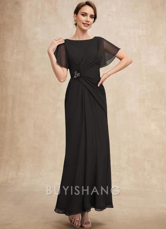Buyishang Elegant A-line Scoop Ankle-Length Mesh Mother of the Bride Dress With Pleated Beading