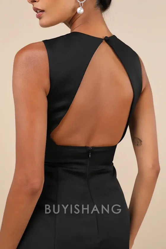 Buyishang Elegant Black Satin Square - Neck Mini Dress: Timeless Choice for Cocktail Parties