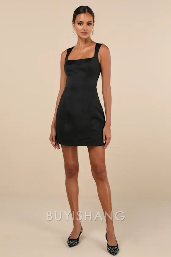 Buyishang Elegant Black Satin Square - Neck Mini Dress: Timeless Choice for Cocktail Parties