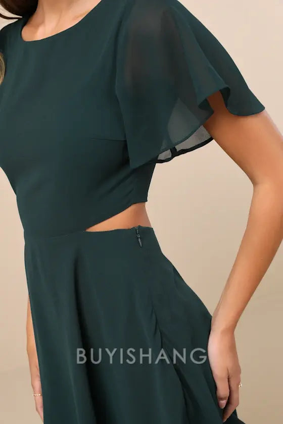 Buyishang Elegant Dark Green Chiffon Skater Dress with Sheer Flutter Sleeves & Waist Cutout: A Flirty Choice for Cocktail Parties