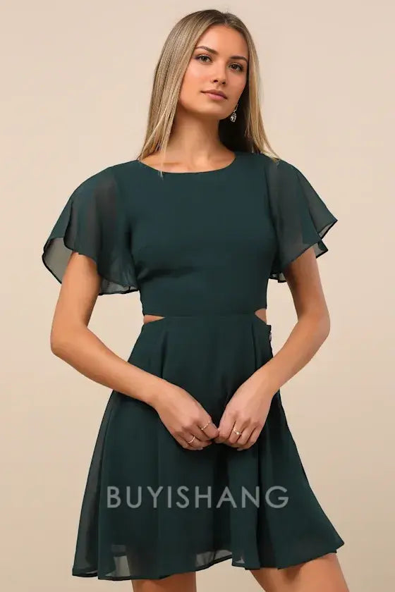 Buyishang Elegant Dark Green Chiffon Skater Dress with Sheer Flutter Sleeves & Waist Cutout: A Flirty Choice for Cocktail Parties