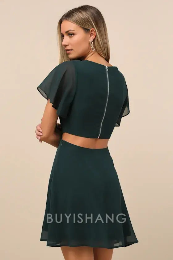 Buyishang Elegant Dark Green Chiffon Skater Dress with Sheer Flutter Sleeves & Waist Cutout: A Flirty Choice for Cocktail Parties