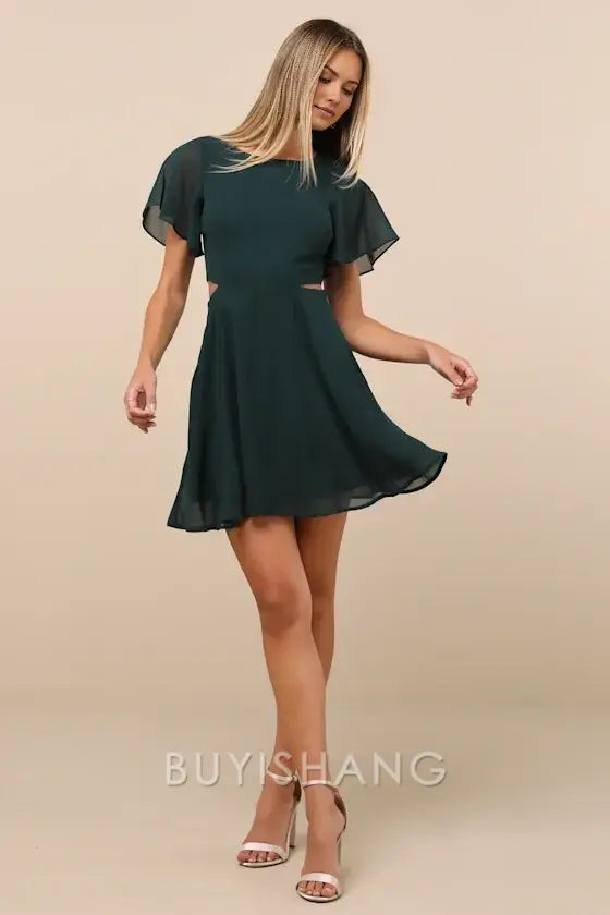 Buyishang Elegant Dark Green Chiffon Skater Dress with Sheer Flutter Sleeves & Waist Cutout: A Flirty Choice for Cocktail Parties