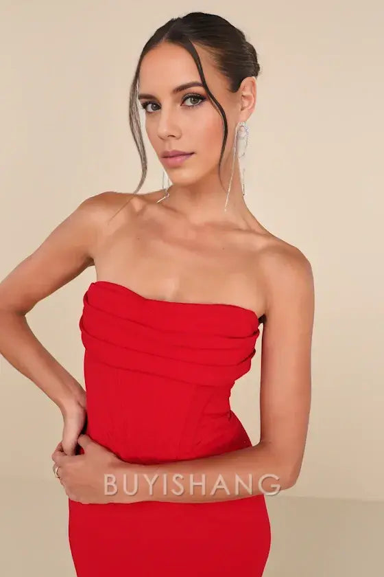 Buyishang Elegant Homecoming Dresses Dramatic Intent Red Strapless Corset Bodycon Mini Dress short for women