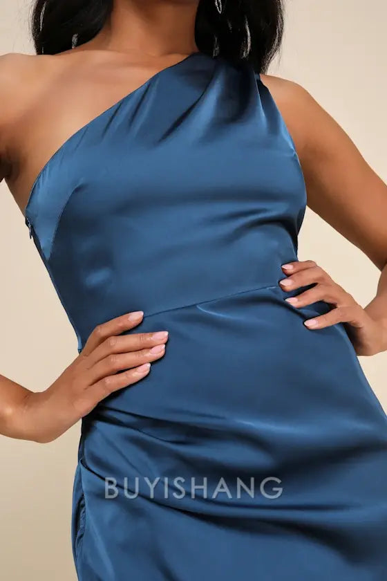 Buyishang Elegant Homecoming Dresses Navy Blue Satin One-Shoulder Mini Dress short for women