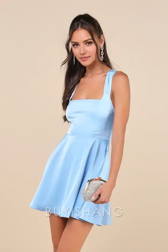 Buyishang Elegant Light Blue Satin Square - Neck Mini Dress with Structured Straps: A Graceful Choice for Cocktail Parties
