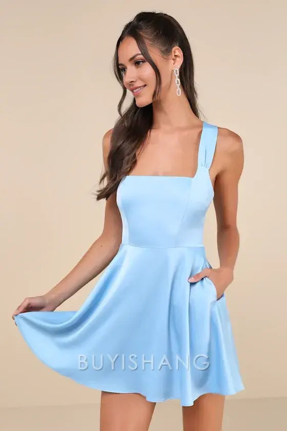Buyishang Elegant Light Blue Satin Square - Neck Mini Dress with Structured Straps: A Graceful Choice for Cocktail Parties