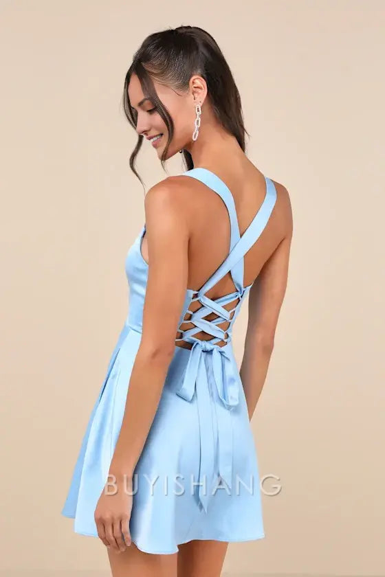 Buyishang Elegant Light Blue Satin Square - Neck Mini Dress with Structured Straps: A Graceful Choice for Cocktail Parties