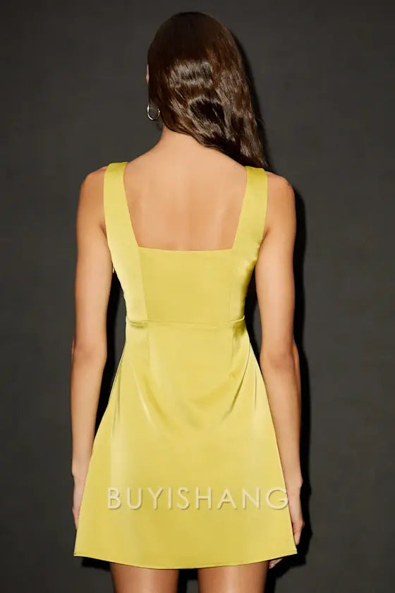 Buyishang Elegant Mustard Yellow Satin Square - Neck Mini Dress: A Retro - Chic Choice for Night Outs