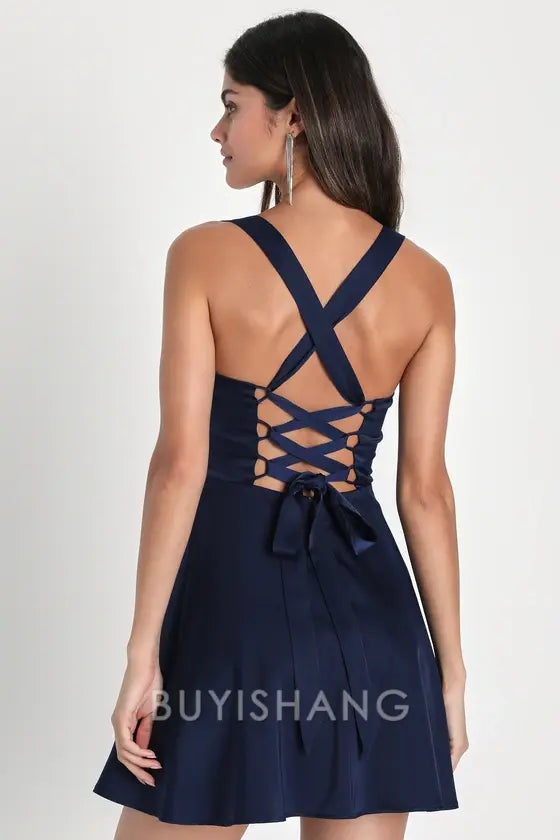 Buyishang Elegant Navy Blue Satin Square - Neck Fit - and - Flare Mini Dress: Elegant Choice for Cocktail Parties