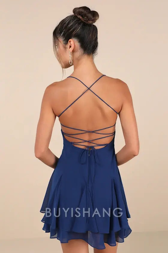 Buyishang Elegant Navy Blue Strapless Mini Dress with Tiered Skirt & Thin Straps: A Chic Choice for Cocktail Parties