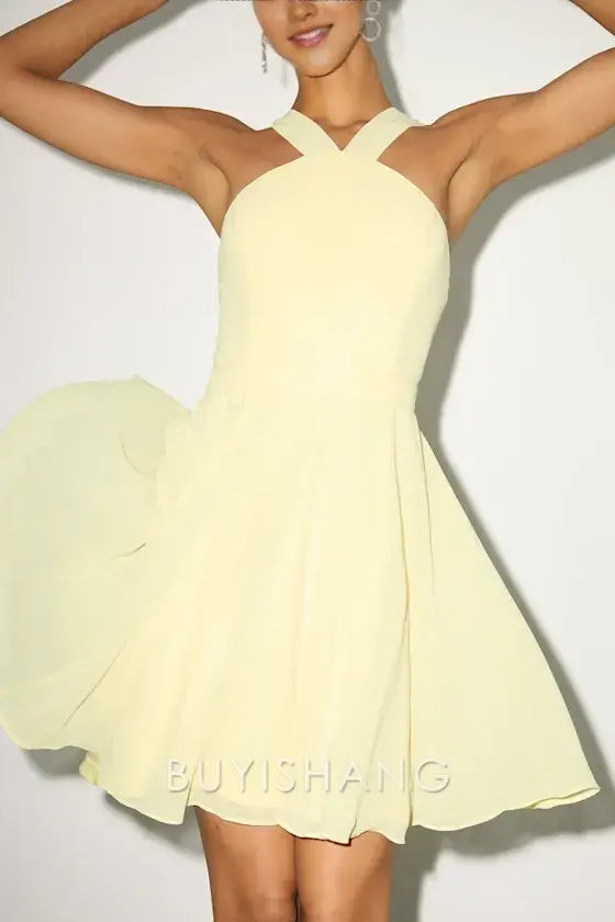 Buyishang Elegant Pastel Yellow Cross - Strap Mini Dress with Flared Skirt: A Sweet Choice for Brunch Dates