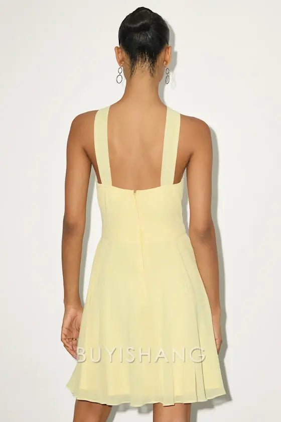Buyishang Elegant Pastel Yellow Cross - Strap Mini Dress with Flared Skirt: A Sweet Choice for Brunch Dates