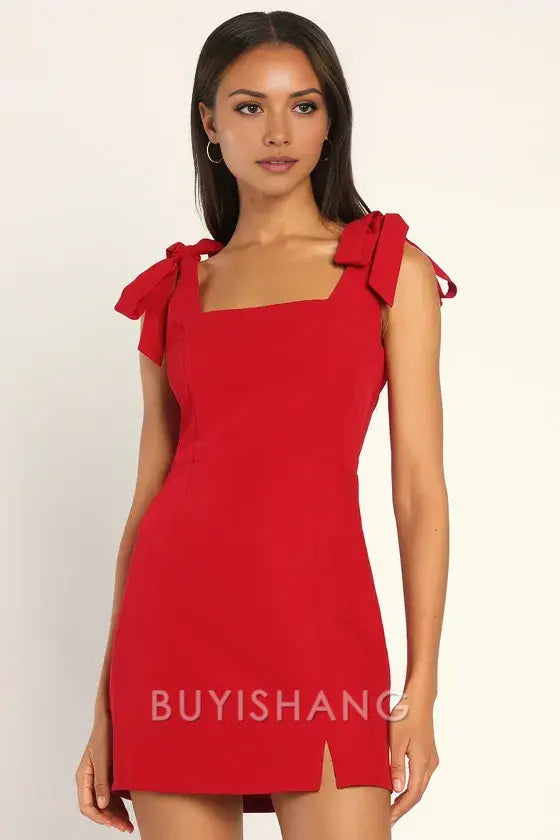 Buyishang Elegant Red Square - Neck Mini Dress with Bow - Detailed Shoulder Straps: A Sweet & Chic Choice for Date Nights