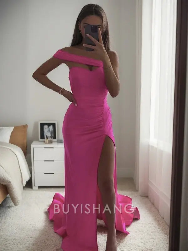 Buyishang Elegant Sheath/Column Jersey Ruched One-Shoulder Sleeveless Sweep/Brush Train Dresses