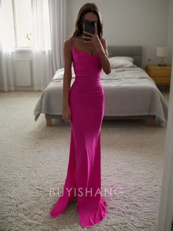 Buyishang Elegant Sheath/Column Jersey Spaghetti Straps Sleeveless Sweep/Brush Train Dresses