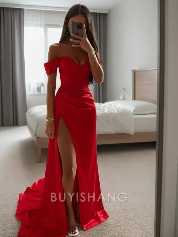 Buyishang Elegant Sheath/Column Silk Like Satin Ruched Off-the-Shoulder Sleeveless Sweep/Brush Train Dresses
