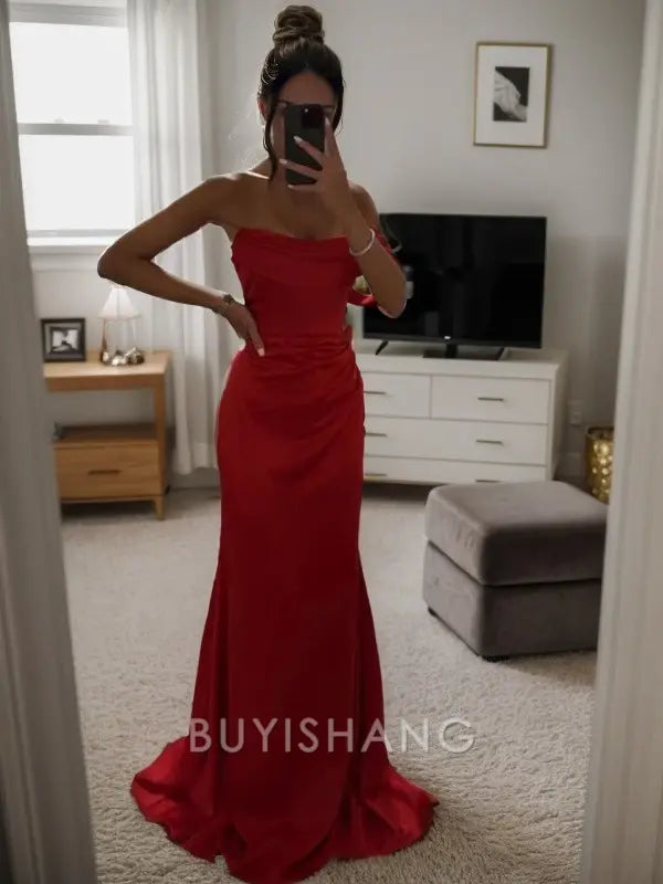Buyishang Elegant Sheath/Column Silk Like Satin Ruched One-Shoulder Sleeveless Sweep/Brush Train Dresses