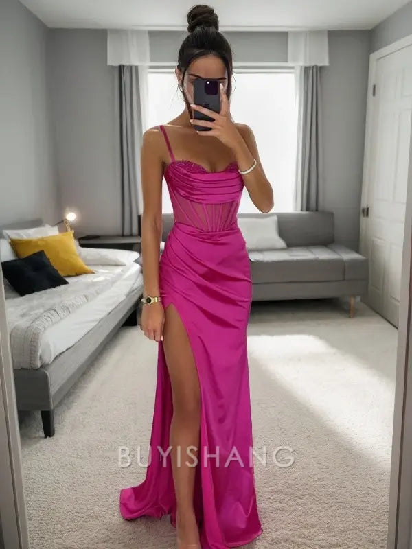 Buyishang Elegant Sheath/Column Silk Like Satin Ruched Spaghetti Straps Sleeveless Sweep/Brush Train Dresses