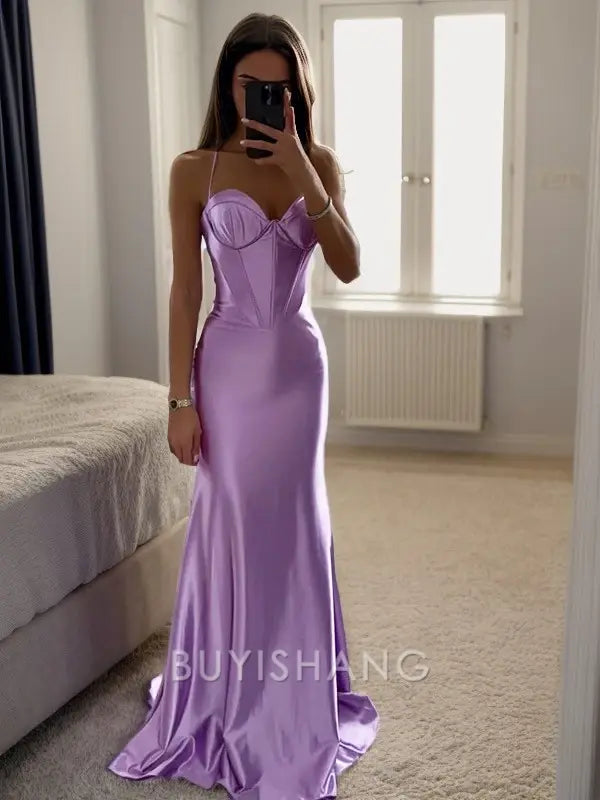 Buyishang Elegant Sheath/Column Silk Like Satin Spaghetti Straps Sleeveless Sweep/Brush Train Dresses