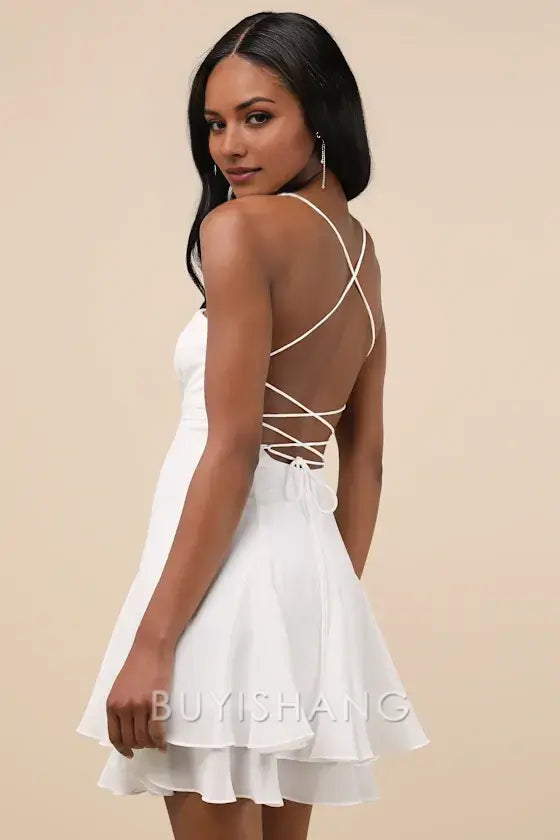 Buyishang Elegant White Strapless Mini Dress with Tiered Skirt & Thin Straps: A Fresh Choice for Summer Soirees