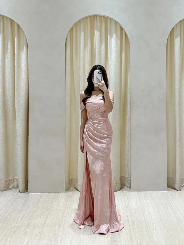 Buyishang Gorgeous Mermaid Off The Shoulder Sequin Floor Length Pink Slit Evening Dress Prom Dresses