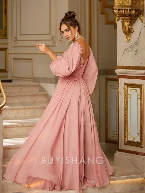 Buyishang Simple A-Line/Princess 30D Chiffon Ruched V-neck Long Sleeves Floor-Length Dresses