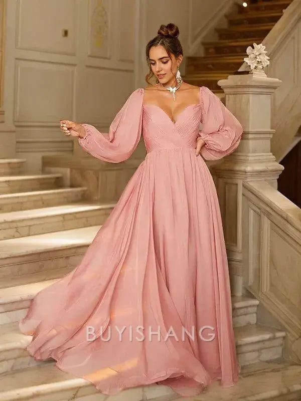 Buyishang Simple A-Line/Princess 30D Chiffon Ruched V-neck Long Sleeves Floor-Length Dresses