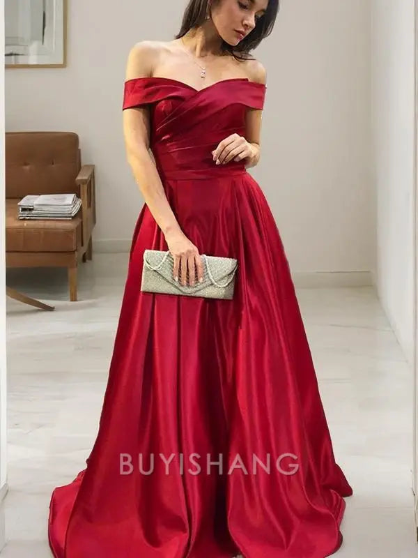 Buyishang Simple A-Line/Princess Off-the-Shoulder Sweep Train Satin Prom Dresses With Ruffles formal wear dresses