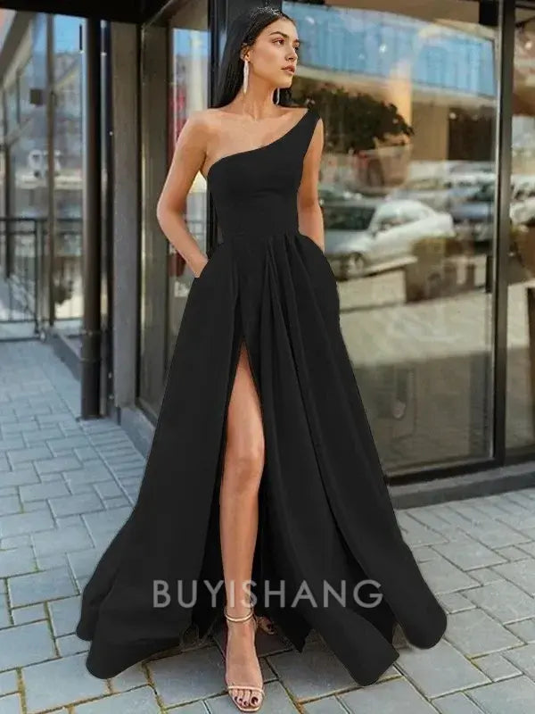Buyishang Simple A-Line/Princess One-Shoulder Floor-Length Satin Prom Dresses With Leg Slit formal wear dresses