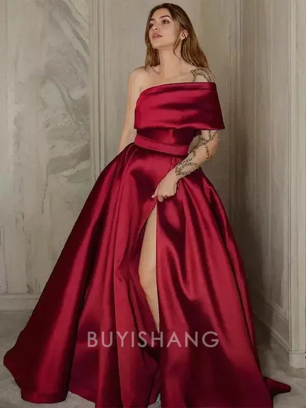 Buyishang Simple A-Line/Princess One-Shoulder Sweep Train Satin Prom Dresses With Leg Slit formal wear dresses