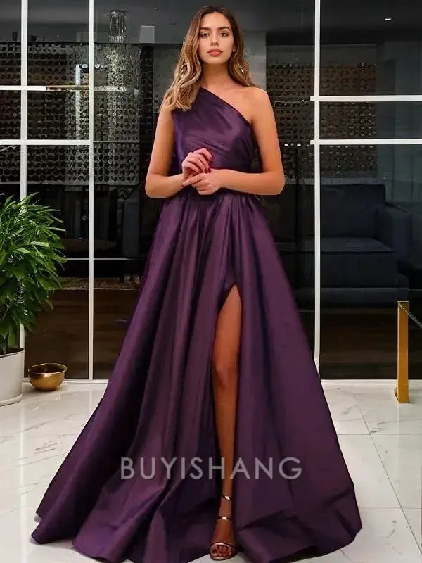 Buyishang Simple A-Line/Princess One-Shoulder Sweep Train Satin Prom Dresses With Leg Slit formal wear dresses