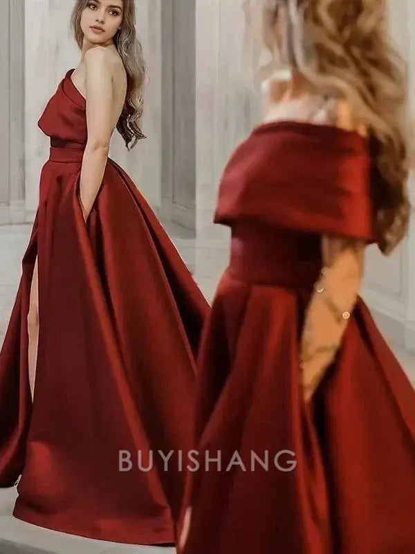 Buyishang Simple A-Line/Princess One-Shoulder Sweep Train Satin Prom Dresses With Leg Slit formal wear dresses